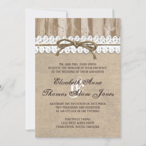 Rustic Burlap Barn Wood Twine Wedding Invitation