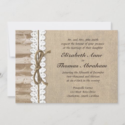 Rustic Burlap Barn Wood Twine Wedding Invitations