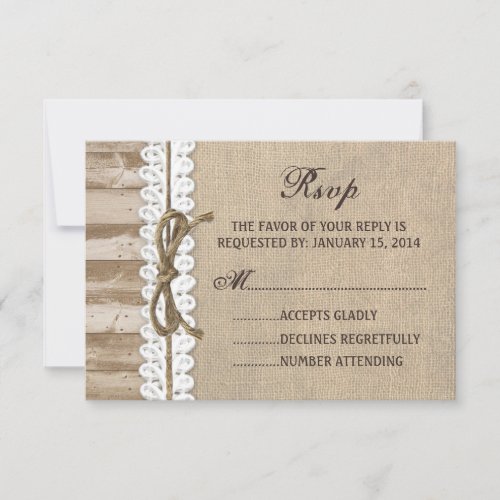 Rustic Burlap Barn Wood Twine Wedding RSVP Card