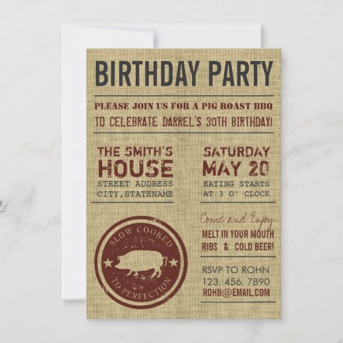 Rustic Burlap BBQ Birthday Party Invitations