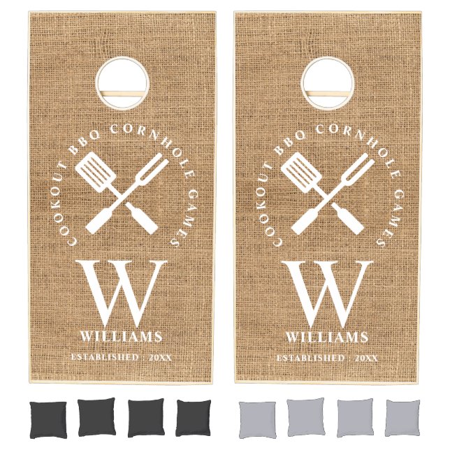 Rustic Burlap BBQ Cookout Family Monogram Name Cornhole Set (Set)