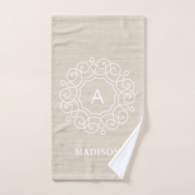 Rustic Burlap Beige Farmhouse Monogram Bath Towel Set (Hand Towel)