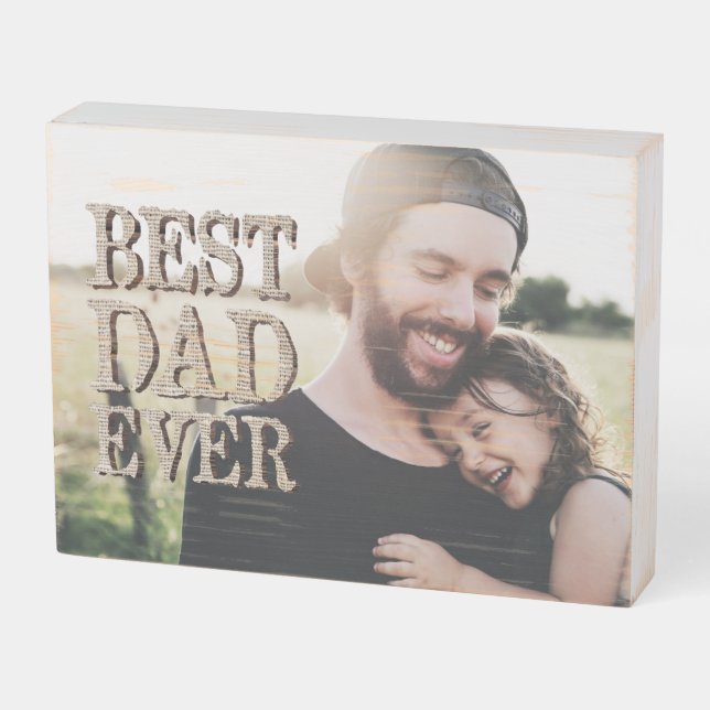 Rustic Burlap Best Dad Ever Custom Photo Wooden Box Sign (Angled Horizontal)