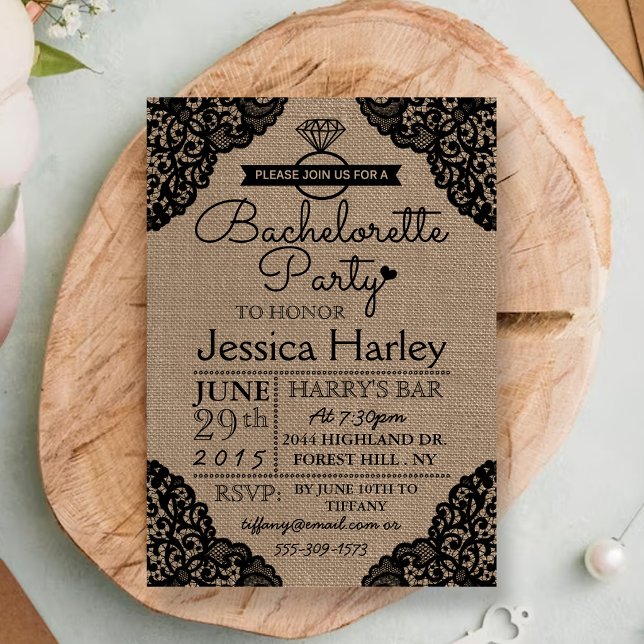 Rustic Burlap & Black Lace Bachelorette Party Invitation (Creator Uploaded)