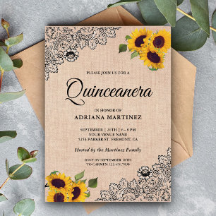 Rustic Burlap Black Lace Sunflower Quinceanera Invitation