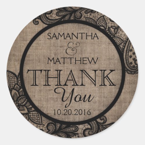 Rustic Burlap Black Lace Thank You Label