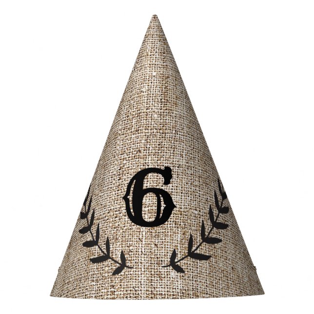 Rustic Burlap Black Laurel Leaf Birthday Party Party Hat (Front)