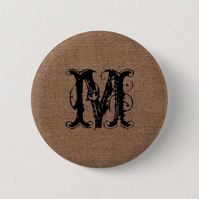 Rustic Burlap Black Monogram - Shabby Chic Button (Front)