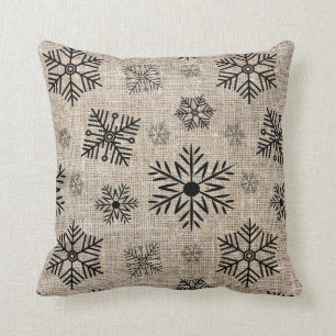 Rustic Burlap Black Snowflakes Christmas Throw Pillow