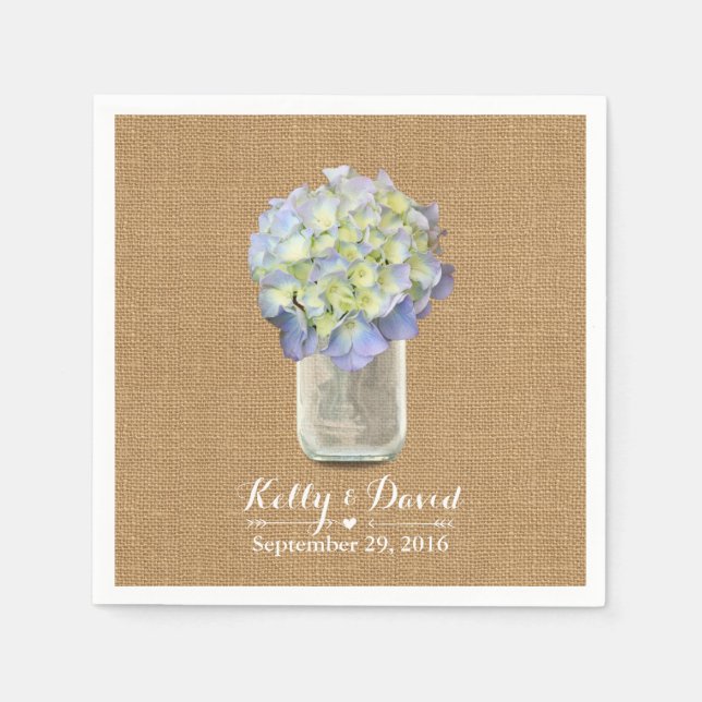 Rustic Burlap Blue Hydrangea Mason Jar Wedding Napkins (Front)