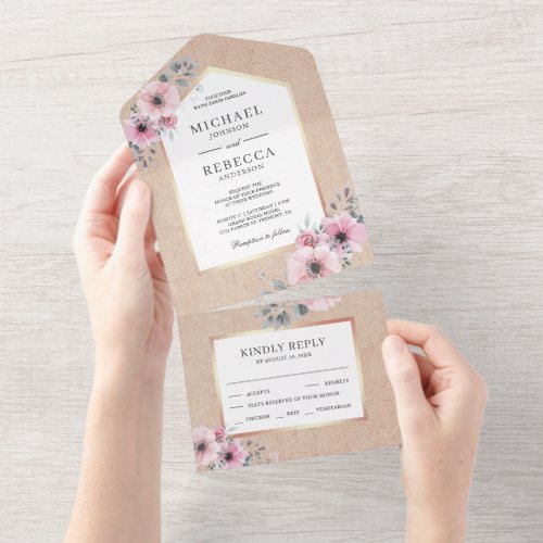 Rustic Burlap Blush Pink Watercolor Floral Wedding All In One Invitation