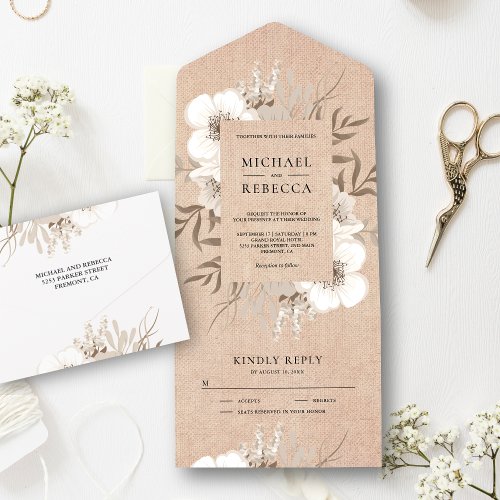 Rustic Burlap Boho Ivory Floral Bouquet Wedding All In One Invitation