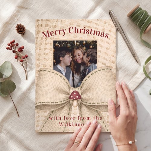 Rustic Burlap Bow Christmas Photo card