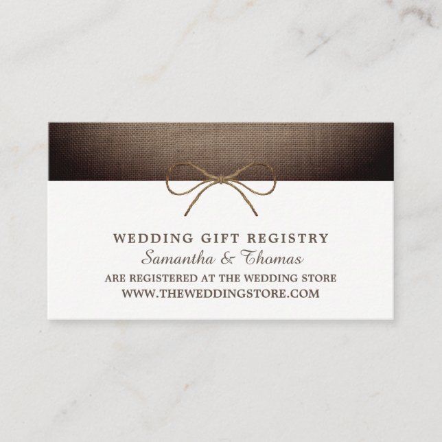 Rustic Burlap Bow, Gift Registry Enclosure Card (Front)