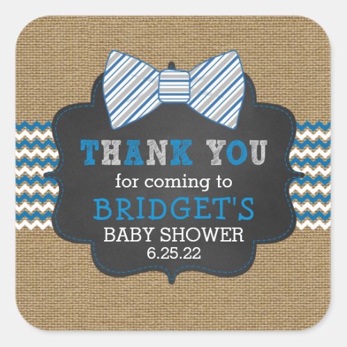 Rustic burlap bowtie thank you boy baby shower square sticker
