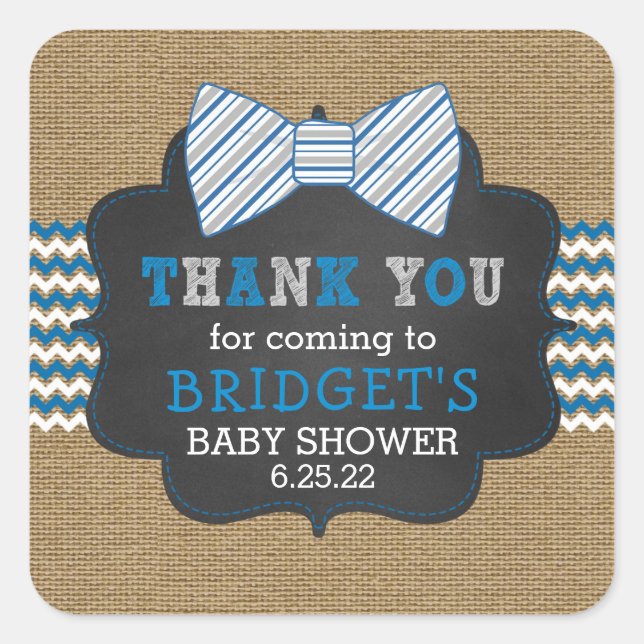 Rustic burlap bowtie thank you, boy baby shower square sticker (Front)