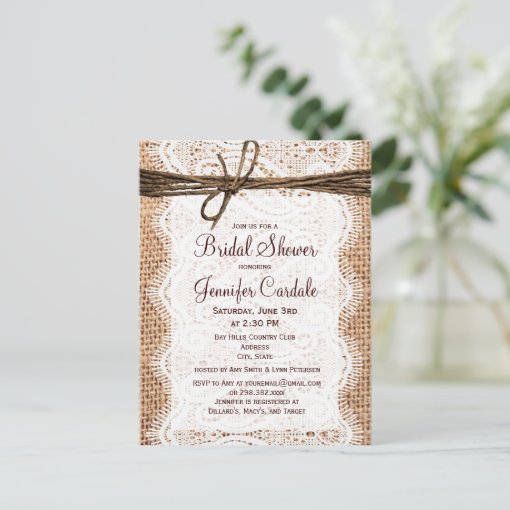 Rustic Burlap Bridal Shower Invitation Postcard | Zazzle