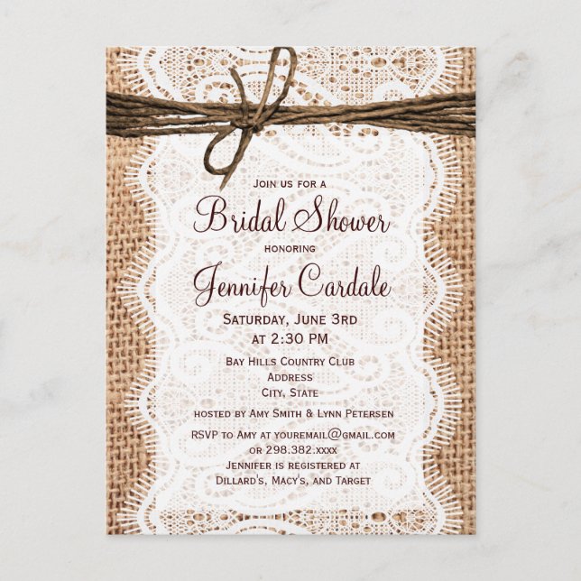Rustic Burlap Bridal Shower Invitation Postcard (Front)