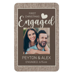 Rustic Burlap Brown 1st Christmas Engaged Photo Magnet