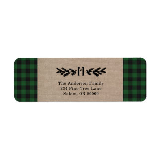 Rustic Burlap Buffalo Plaid Monogram Pine Label