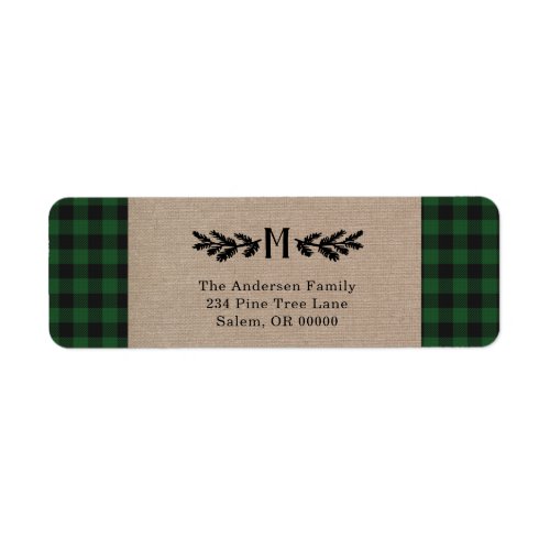 Rustic Burlap Buffalo Plaid Monogram Pine  Label