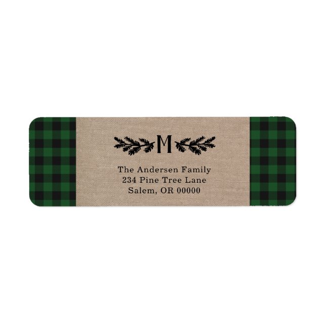 Rustic Burlap Buffalo Plaid Monogram Pine  Label (Front)