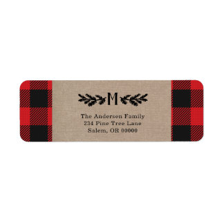 Rustic Burlap Buffalo Plaid Monogram Pine Label