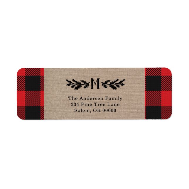 Rustic Burlap Buffalo Plaid Monogram Pine  Label (Front)