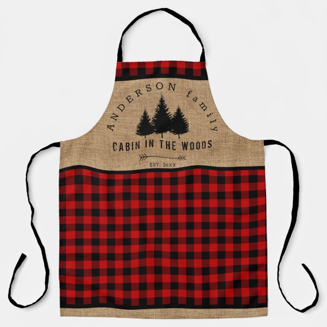 Rustic Burlap Buffalo Plaid Pattern Cabin in Woods Apron (Front)