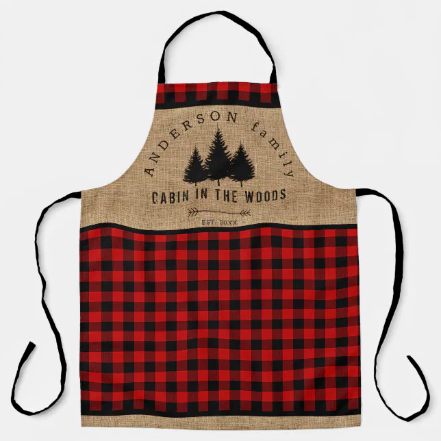 Rustic Burlap Buffalo Plaid Pattern Cabin in Woods Apron | Zazzle