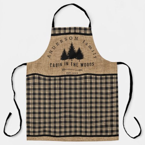 Rustic Burlap Buffalo Plaid Pattern Cabin in Woods Apron