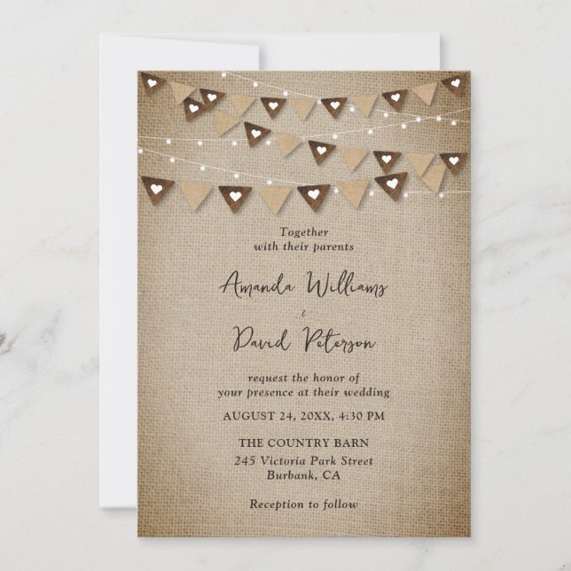 Rustic Burlap Bunting String Lights Wedding Invitation (Front)