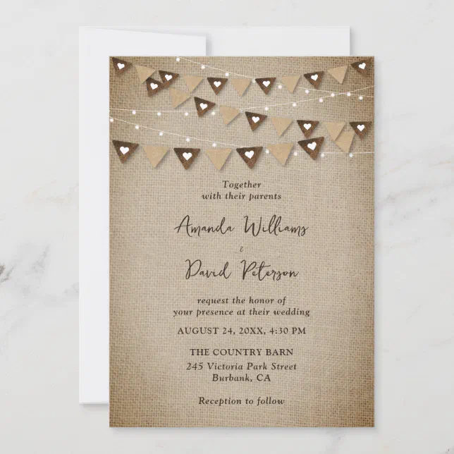 Rustic Burlap Bunting String Lights Wedding Invitation | Zazzle