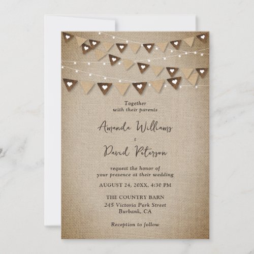 Rustic Burlap Bunting String Lights Wedding Invitation