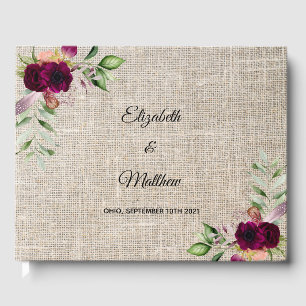 Rustic burlap burgundy florals wedding guest book