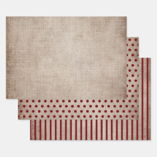 Rustic Burlap Burgundy Polka Dots Stripes Solid Wrapping Paper Sheets
