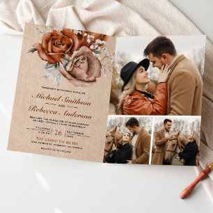 Rustic Burlap Burnt Orange Rose QR Code Wedding Invitation