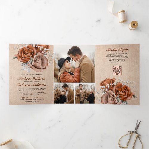 Rustic Burlap Burnt Orange Rose QR Code Wedding Tri-Fold Invitation