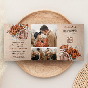 Rustic Burlap Burnt Orange Rose QR Code Wedding Tri-Fold Invitation