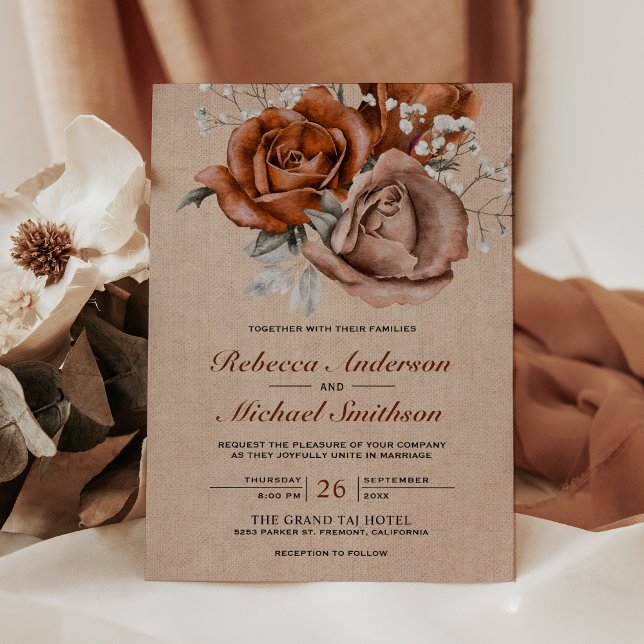 Rustic Burlap Burnt Orange Rose Terracotta Wedding Invitation (Creator Uploaded)