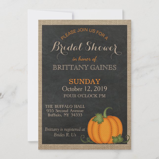 Rustic Burlap Chalkboard Orange Pumpkin Shower Invitation (Front)