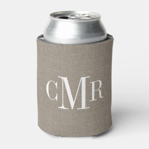 Rustic Burlap Classic Monogram Can Cooler