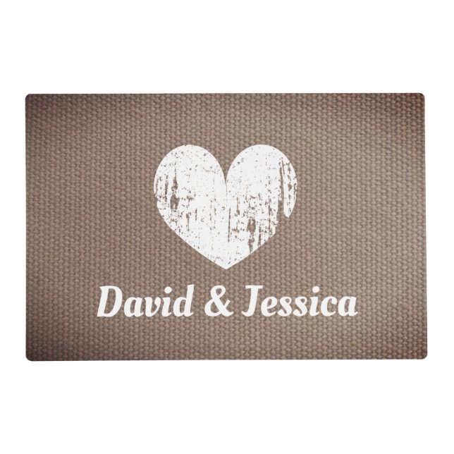 Rustic burlap country chic heart wedding placemats (Front)
