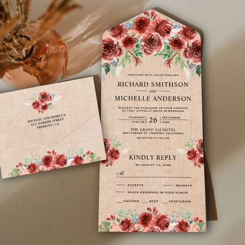 Rustic Burlap Country Marsala Floral Bloom Wedding All In One Invitation