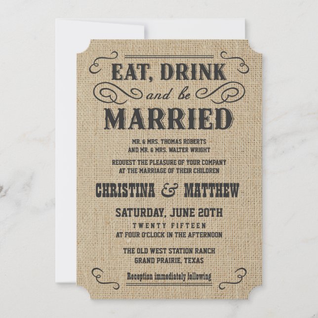 Rustic Burlap Country Western Wedding Invitations (Front)