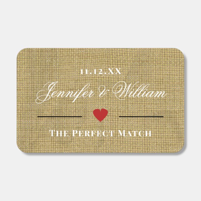 Rustic Burlap Couples Names Wedding Favor Matchboxes (Front)
