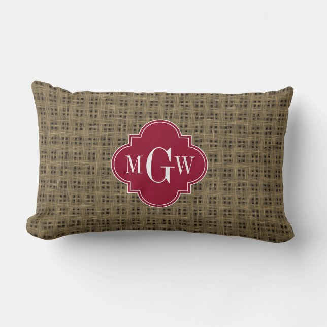 Rustic Burlap Cranberry Quatrefoil 3 Monogram Lumbar Pillow (Front)