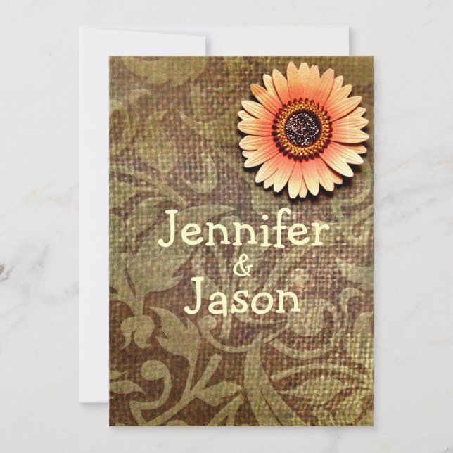 Rustic Burlap Damask Flower Wedding Invitations (Front)