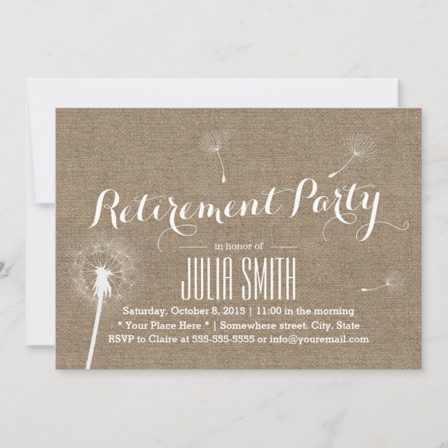 Rustic Burlap Dandelion Blowing Retirement Party Invitation (Front)