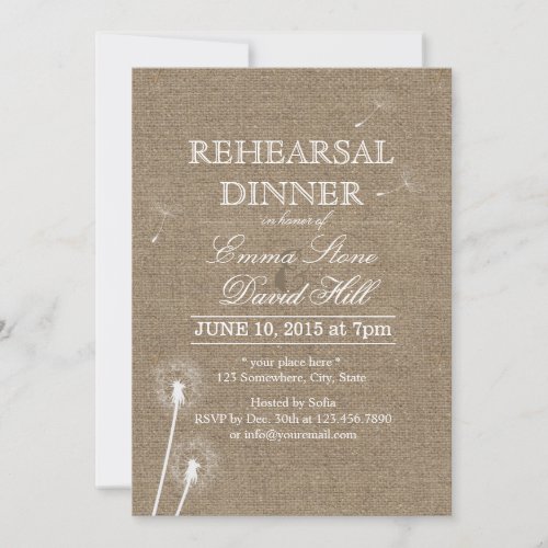 Rustic Burlap Dandelion Rehearsal Dinner 5x7 Paper Invitation Card